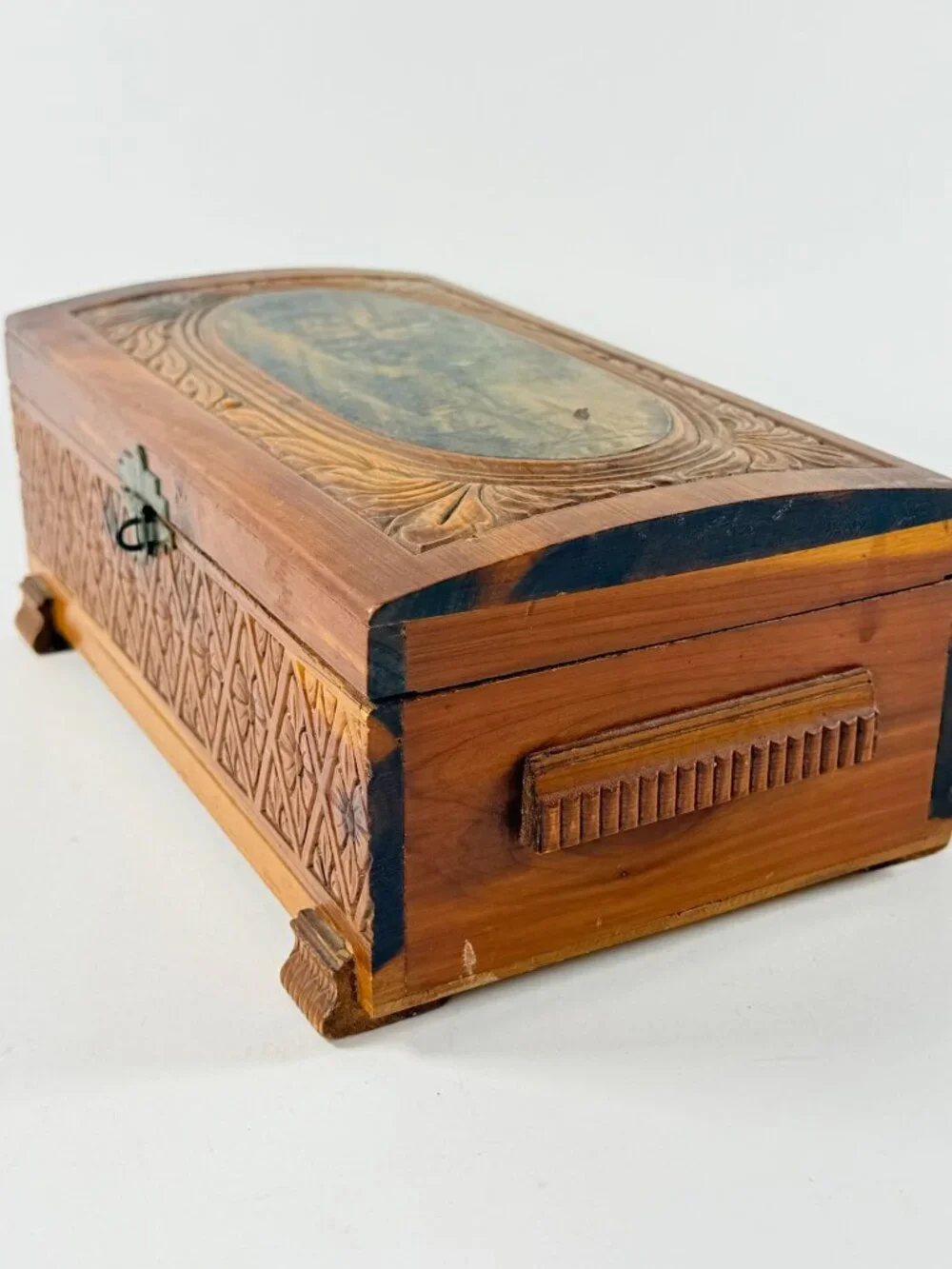 Vintage Cedar Wood Jewelry Box With Carved Floral Design & Landscape Scene Lid